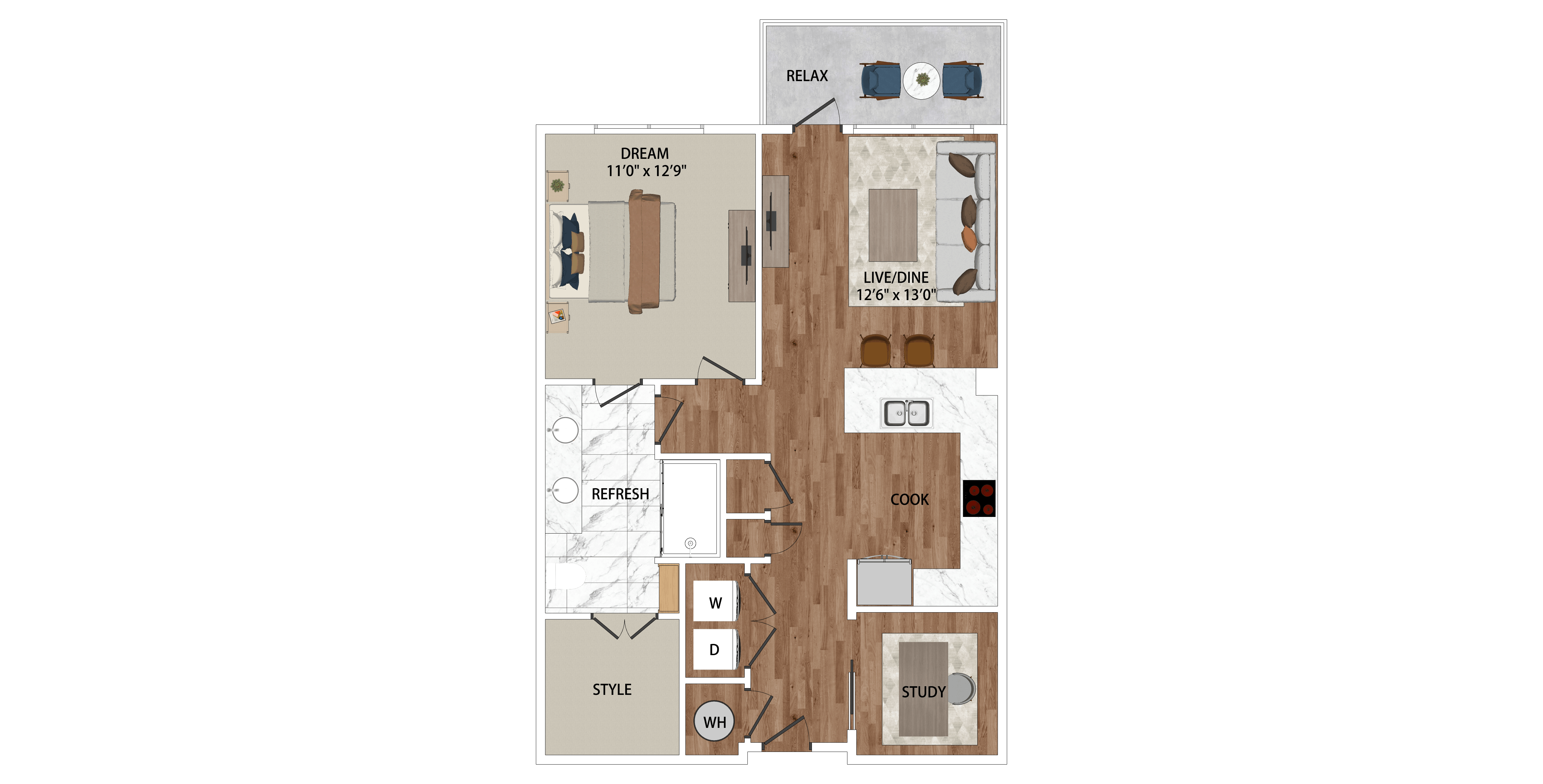 Floor plan for 1 bed, 1 bath, 847 sqft